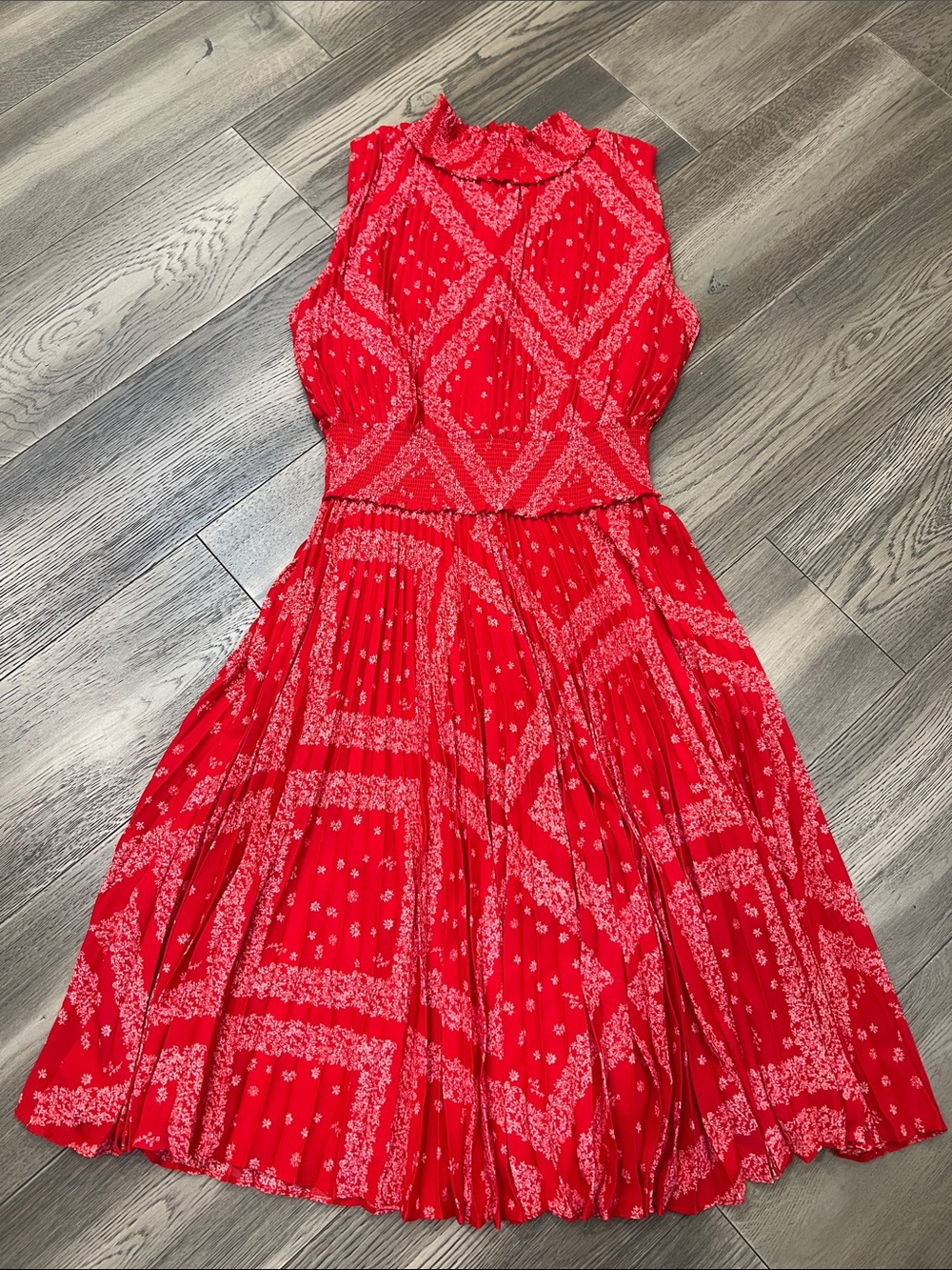 Nannette Red Printed Pleated Sleeveless Dress